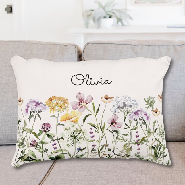 Monogrammed Colourful Wildflower Garden Decorative Cushion (In situ)