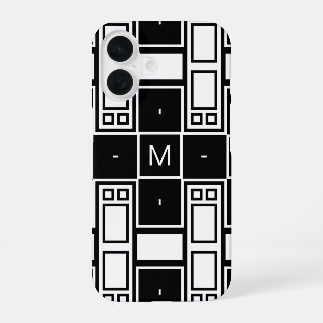 Monogrammed contemporary black and white pattern iPhone 16 case (Back)