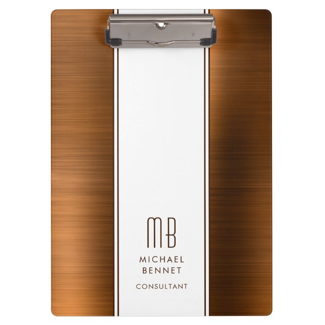 Monogrammed Copper Brown Brushed Metallic Business Clipboard (Front)