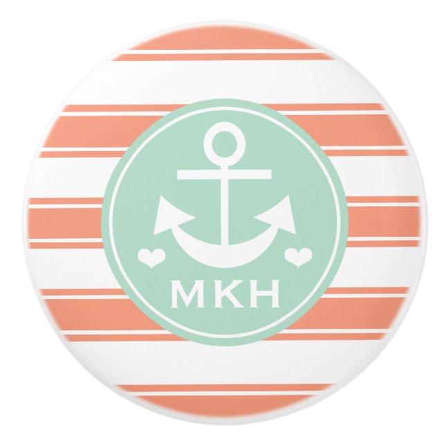 Monogrammed Coral and Aqua Anchor Ceramic Knob (Front)
