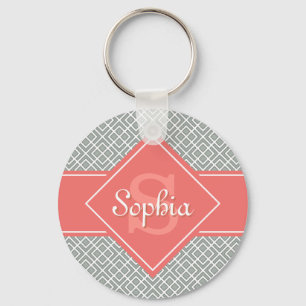 Monogrammed Coral and Grey Diamond Pattern Key Ring