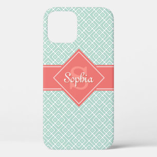 Monogrammed Coral and Mint Diamond Pattern iPhone 12 Case
