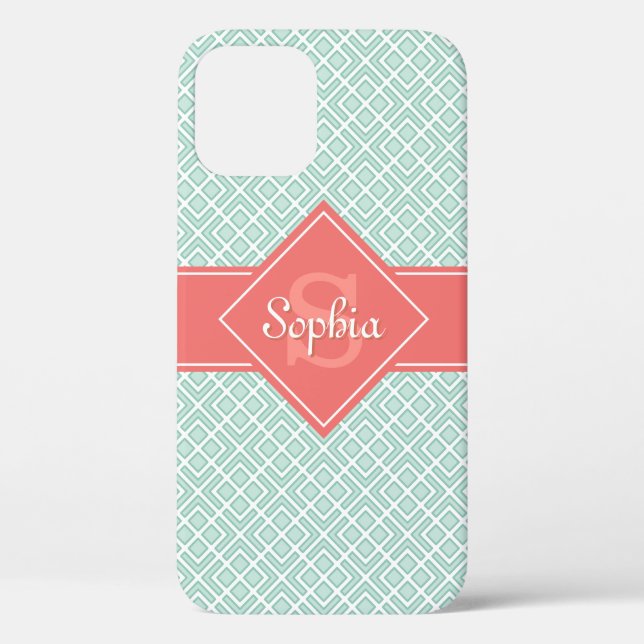 Monogrammed Coral and Mint Diamond Pattern Case-Mate iPhone Case (Back)