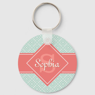 Monogrammed Coral and Mint Diamond Pattern Key Ring