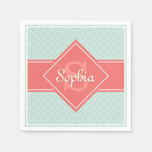 Monogrammed Coral and Mint Diamond Pattern Napkin