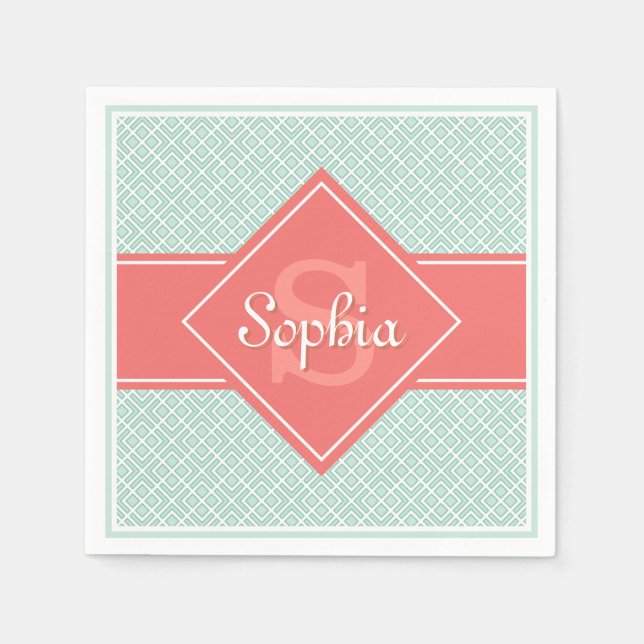 Monogrammed Coral and Mint Diamond Pattern Napkin (Front)