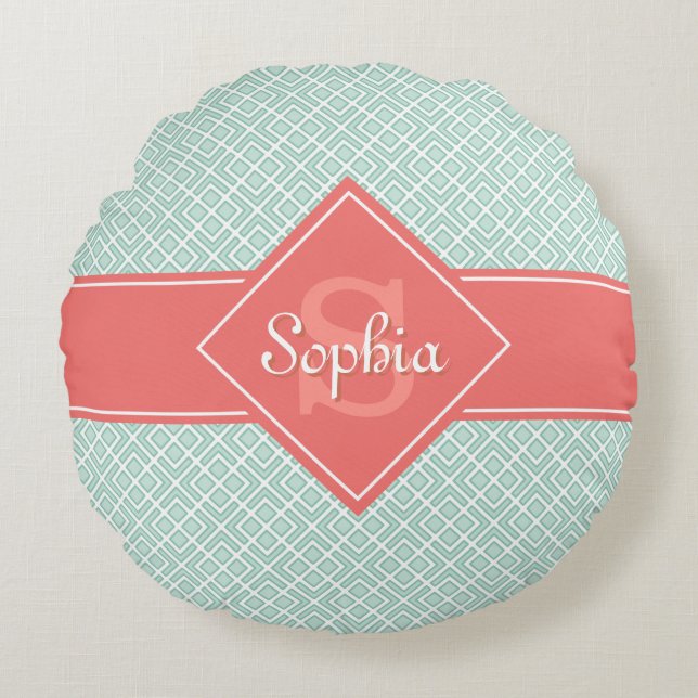 Monogrammed Coral and Mint Diamond Pattern Round Cushion (Front)