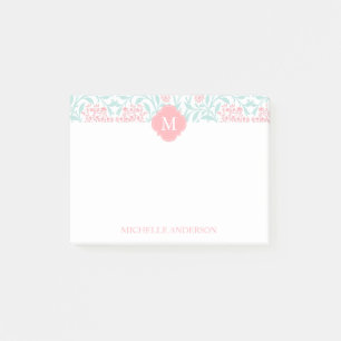 Monogrammed Coral and Mint Floral Damask Post-it Notes