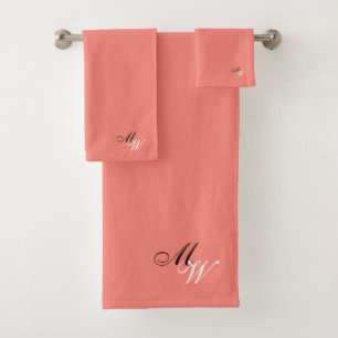 Monogrammed Coral Coloured Bath Towel Set