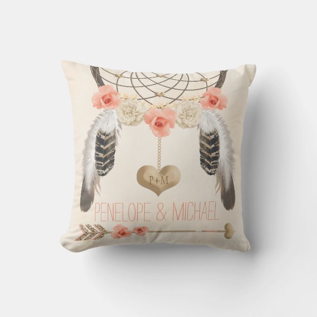 Monogrammed Coral Gold Boho Dreamcatcher Wedding Cushion (Front)