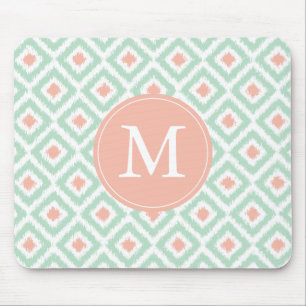 Monogrammed Coral Mint Diamonds Ikat Pattern Mouse Pad