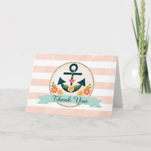 Monogrammed Coral Navy Nautical Wedding Thank You Card