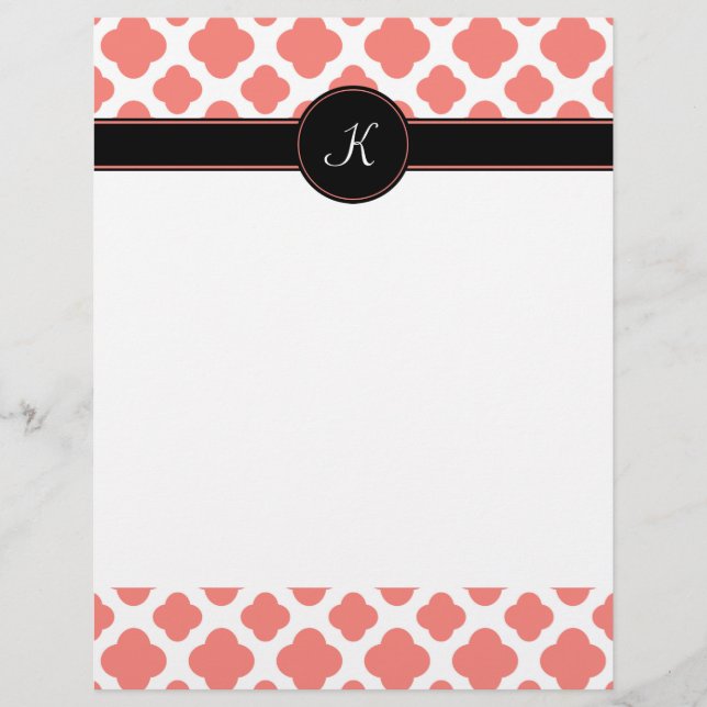 Monogrammed Coral Pink Quatrefoil Pattern (Front)