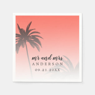 Monogrammed Coral Tropical Palm Tree Beach Wedding Napkin
