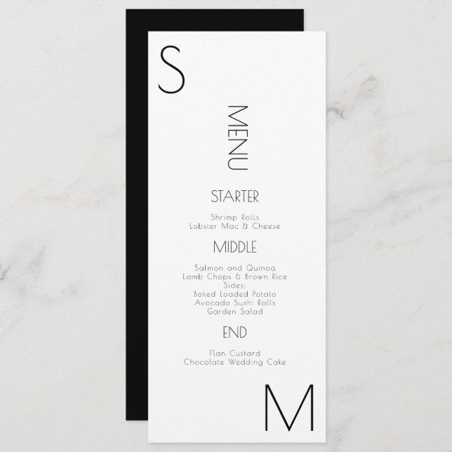 Monogrammed Corner Black White Wedding Menu (Front/Back)
