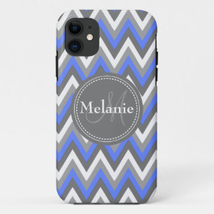Monogrammed Cornflower Blue & Grey Chevron Pattern Case-Mate iPhone Case