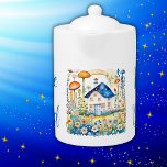Monogrammed Cottagecore Home with Mushrooms |<br><div class="desc">A cute cottagecore house surrounded by flowers and mushrooms evokes a cosy and idyllic rural setting,  embodying a nostalgic and romanticised aesthetic inspired by traditional countryside living. Monogrammed for you to insert your own text - in blue. Teapot.</div>