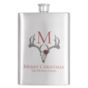 Monogrammed Country Xmas Deer Head Skull & Roses  Hip Flask