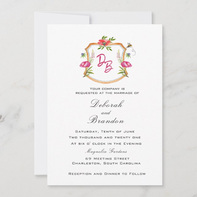 Monogrammed Crest with Flowers Wedding Invitation (Front)