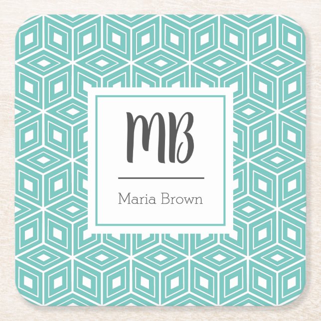 Monogrammed cube square paper coaster (Front)