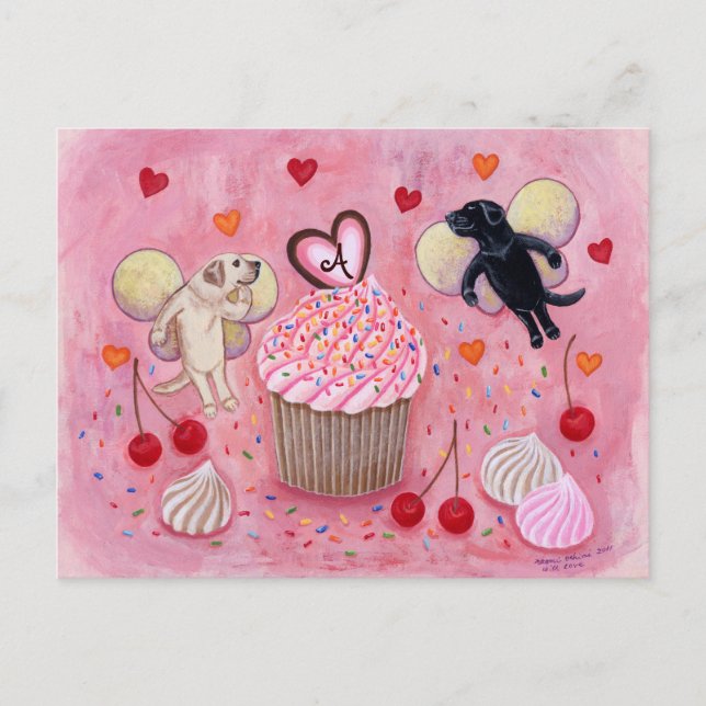 Monogrammed Cupcake and Labrador Fairies Postcard (Front)