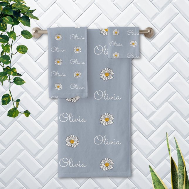 Monogrammed Custom Name White Daisy Floral Pattern Bath Towel Set (In situ Bathroom wall)