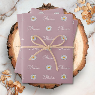 Monogrammed Custom Name White Daisy Floral Pattern Wrapping Paper Sheet