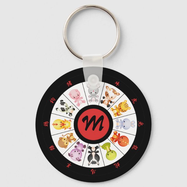 Monogrammed Cute Chinese Zodiac Circle Keychain (Front)