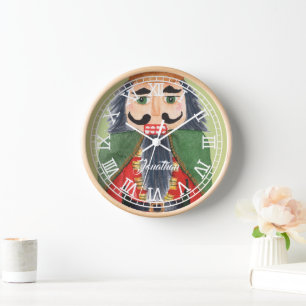 Monogrammed cute folk art nutcracker soldier Green Clock