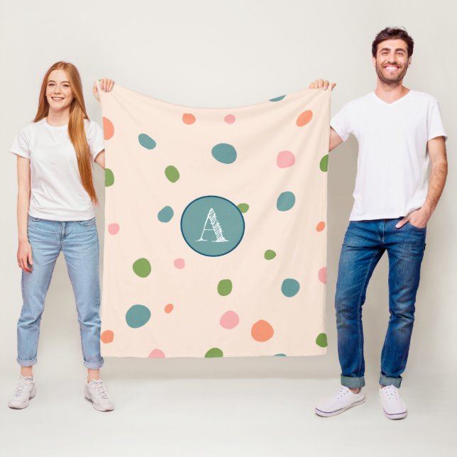 Monogrammed cute initial polka dots pink fleece blanket (In Situ)