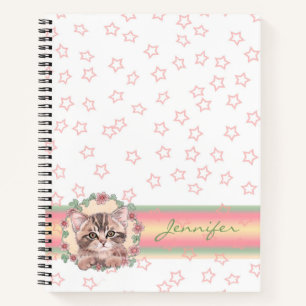Monogrammed Cute Kitten Floral Pink Star Notebook