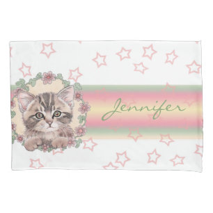 Monogrammed Cute Kitten Floral Pink Star Pillowcase