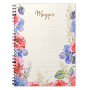 Monogrammed cute watercolor floral pink and blue   notebook