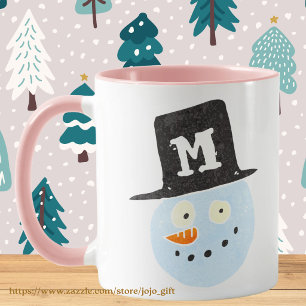 Monogrammed cute watercolor snowman face smiling mug