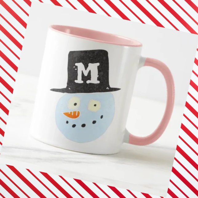 Monogrammed cute watercolor snowman face smiling mug (Creator Uploaded)