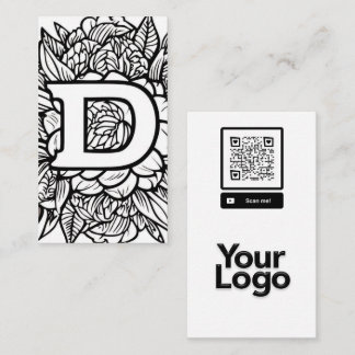 Monogrammed D Black and White Floral QR Code Logo Business Card
