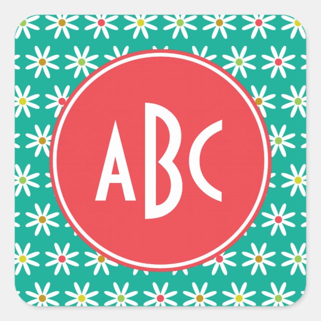 Monogrammed Daisy Dots Square Sticker (Front)