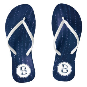Monogrammed Dark Blue Abstract w White Dots Jandals