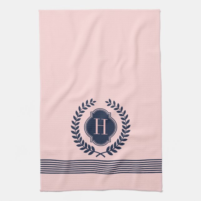 Monogrammed Dark Blue & Pink Wreath And Stripes Tea Towel (Vertical)