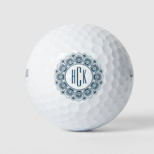 Monogrammed dark-blue & white ornate mandala golf balls
