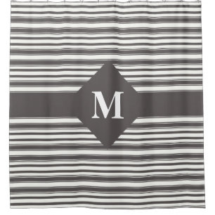 Monogrammed Dark Grey and White Stripes Shower Curtain