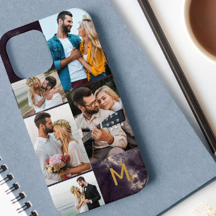 Monogrammed Dark Marble 5 Photo Collage iPhone 12 Pro Max Case