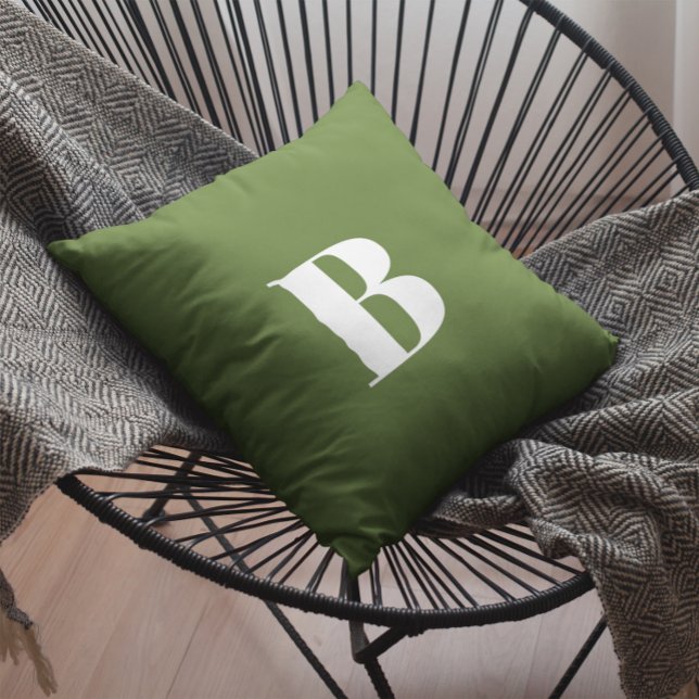 Monogrammed Dark Olive Green Cushion (Monogrammed Dark Olive Green Throw Pillow)