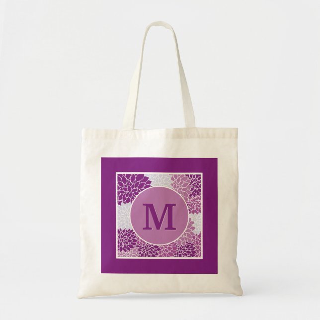 Monogrammed Dark Purple Floral Pattern Tote Bag (Front)
