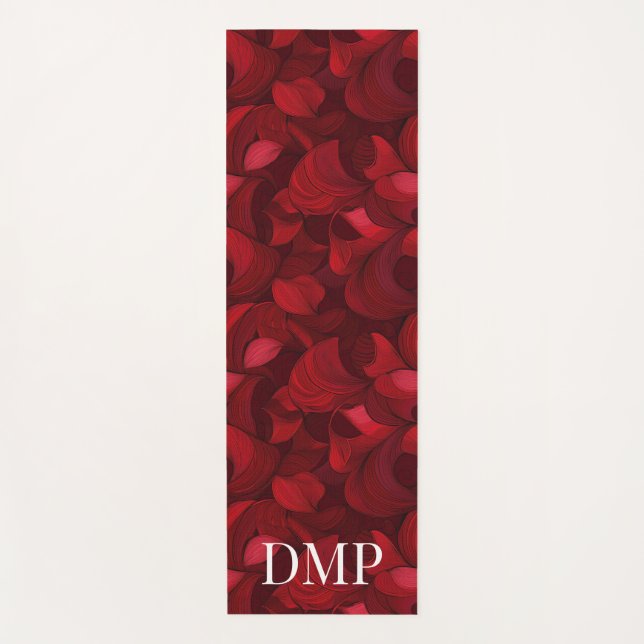 Monogrammed Dark Red Abstract Leaf Pattern Yoga Mat (Front)