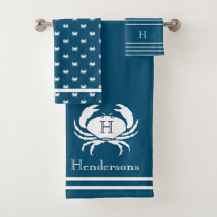 Monogrammed Dark Teal Blue White Crab Nautical  Bath Towel Set