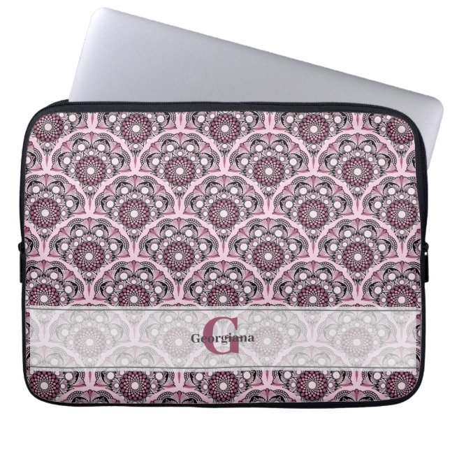 Monogrammed Deco Dusky Rose Cherry Blossom Mandala Laptop Sleeve (Front)