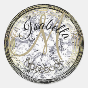 Monogrammed Diamond And Black Crystal Classic Round Sticker