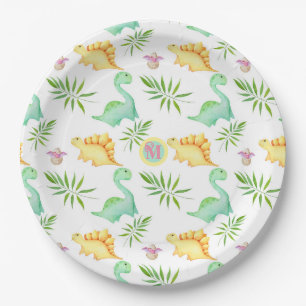 Monogrammed Dinosaur Birthday Party Paper Plate