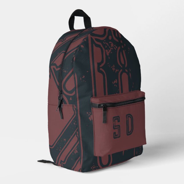 Monogrammed Distressed Cool Cadet Blue Deep Coffee Printed Backpack (Back Corner Left)